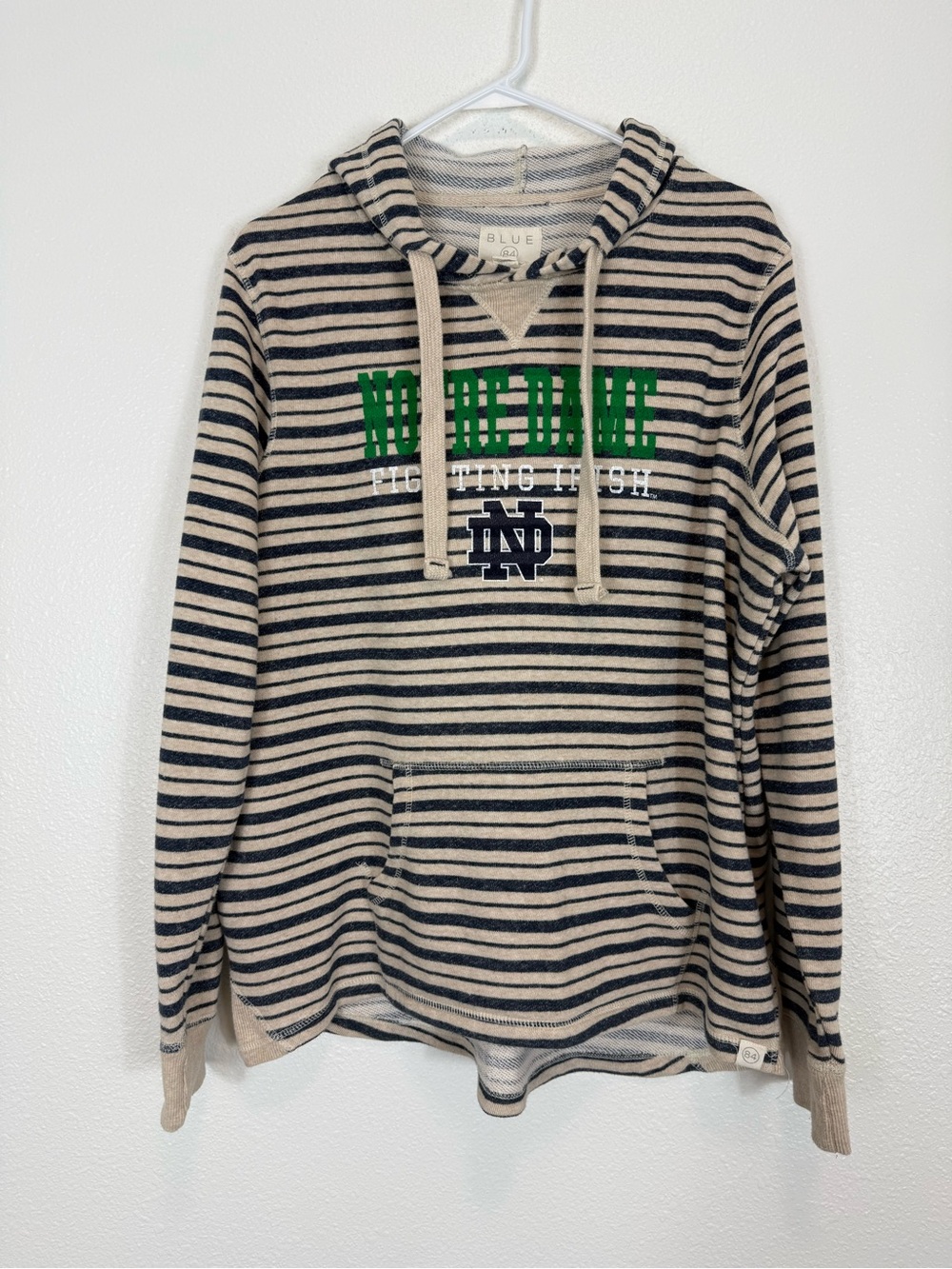 Blue 84 Notre Dame Striped Hoodie — Beige & Navy with Green Logo Collegiate